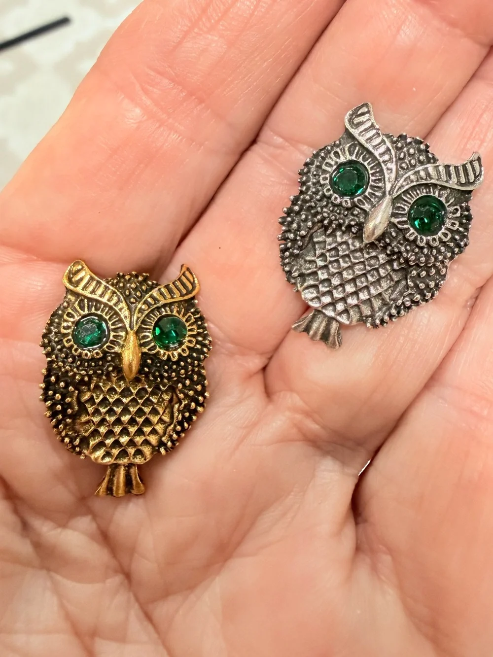 Vintage-Inspired Owl Brooch Pin set in Gold and Silver with Green Gem Eyes